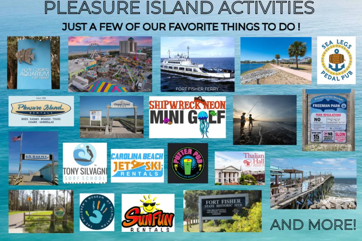 A playful exterior collage highlighting the North Carolina Aquarium, Fort Fisher Ferry, mini golf, jet ski rentals, and other local attractions. The image showcases some of the most notable family destinations around Carolina Beach in a welcoming and inviting way.